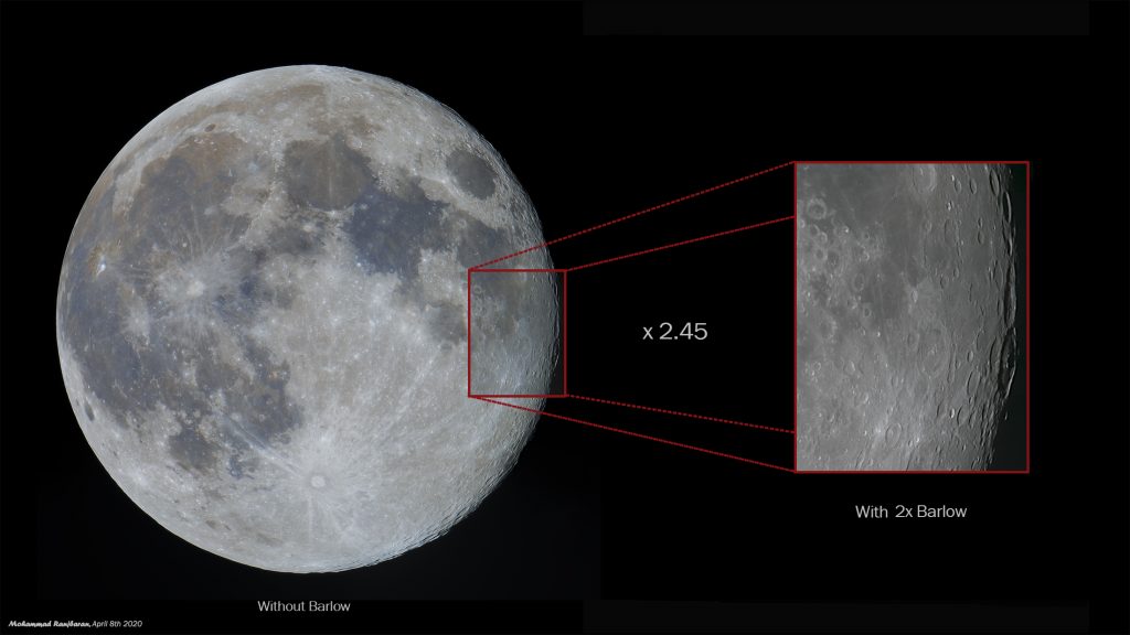 شکل 1 : مقایسه‏‎ی تصویر ماهِ 20 فروردینِ 1399 در دو مقیاس. یکی بدونِ بارلو و دیگری همراه بارلو